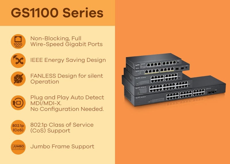 ZyXEL 24-Port Gigabit Ethernet Unmanaged Switch - Fanless Design with 2 SFP Ports [GS1100-24] - Image 4
